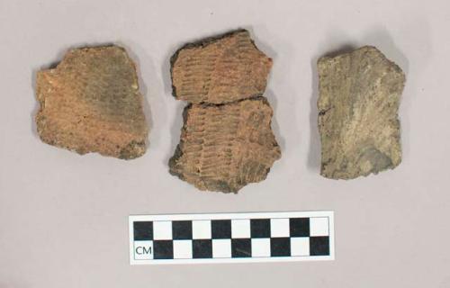 Ceramic, earthenware body and rim sherds with impressed and punctate exterior decoration