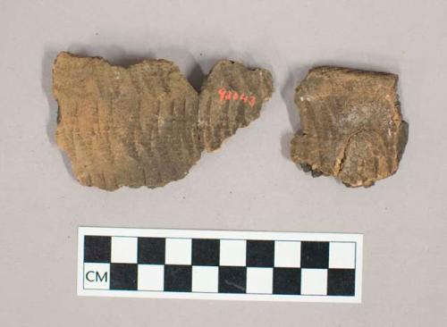 Ceramic, earthenware body and rim sherds with impressed exterior decoration