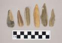 Flint blades, including tan, grey, brown and cream colored stone, some contain cortex