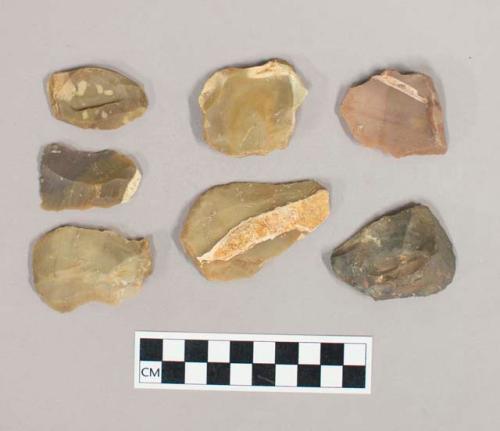 Flint scrapers, including tan, brown, cream, grey and pink colored stone, some contain cortex