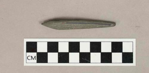 Ground stone, slate, worked to a point at both ends, possible projectile point