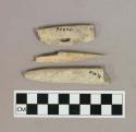 Worked bone, including one perforator tip, one tapered rounded bone fragment, and one perforated bone shaft fragment