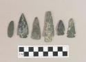 Chipped stone projectile points, including stemmed and side-notched