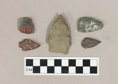 Chipped stone, projectile points including stemmed, and one possible scraper