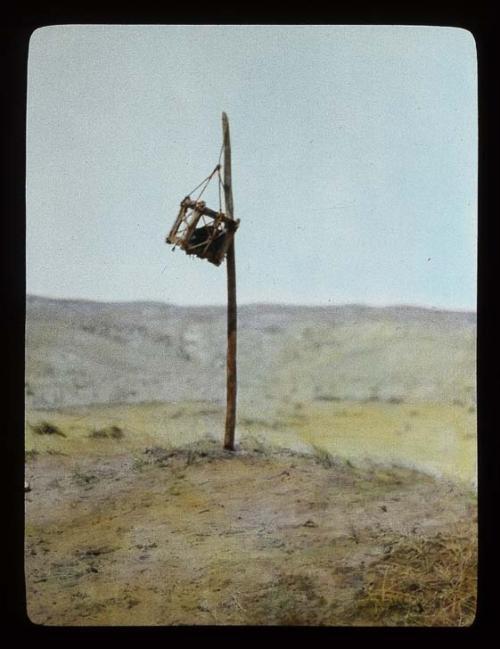 Lantern slide of cage on a pole, hand-colored