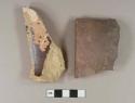 Brown lead glazed, earthenware sewer pipe fragments, 1 fragment buff paste, 1 fragment red paste, visible temper