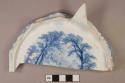 Stoneware, ironstone, transferprinted, vessel base sherd; blue on white, white paste, image of columned building and trees, back stamp "Pearl Stone Ware / V[...]NUS" in belt cartouche, 10-sided