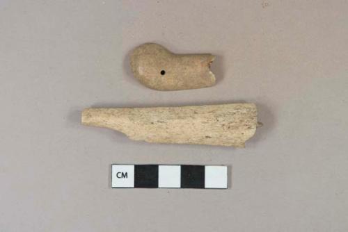 Bone handle, utensil, fragments; carved