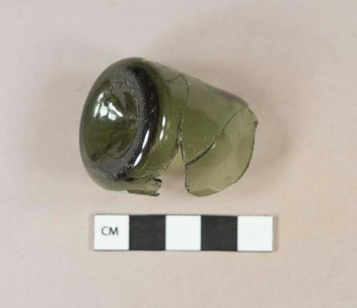 Olive green round bottle base and body fragment, cone shaped push up