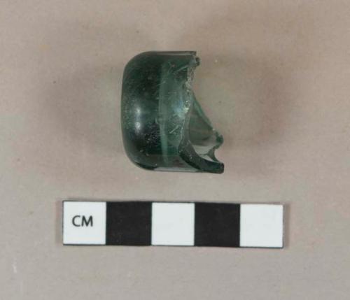 Dark aqua green bottle base fragment, cone-shaped push up, polished base.