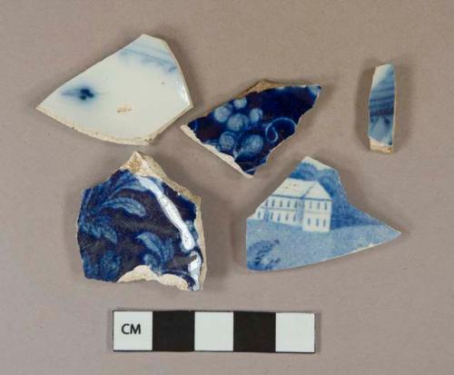 Blue on white transferprinted pearlware vessel base and body fragments, white paste
