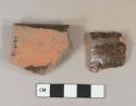 Brown lead glazed redware vessel rim fragments, fragments mend