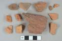 Red brick fragments, 2 unglazed redware vessel body fragments