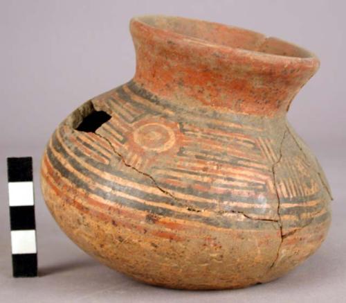 Ceramic, complete polychrome jar & sherd, rounded base, constricted neck, mended