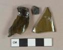 Olive green bottle glass body and neck fragments