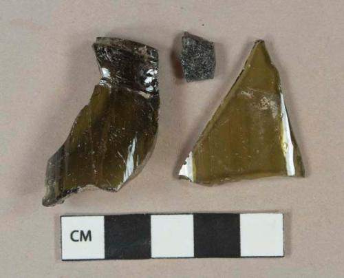 Olive green bottle glass body and neck fragments