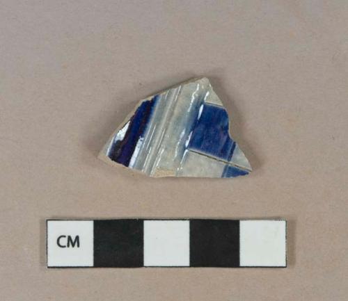 Gray salt glazed stoneware vessel body fragment, cobalt decorated, gray paste, molded and inscribed with "checkerboard" pattern, likely Westerwald type