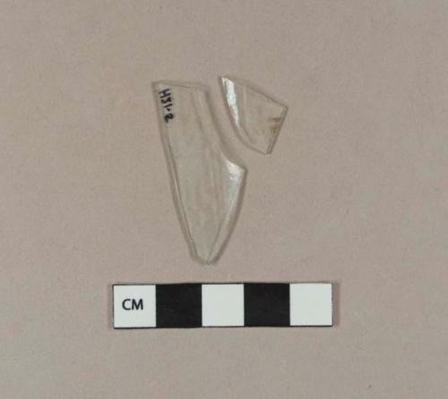 Aqua bottle glass fragments, two fragments crossmend