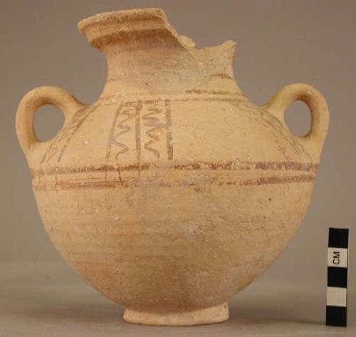 Pottery jar with two handles; red and black polychrome;