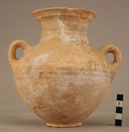 Pottery jar with two handles; red and black polychrome;