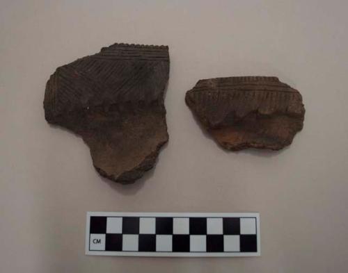 Ceramic rim sherds, incised and raised designs