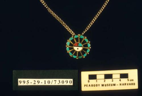 Sun Face inlaid pendant/pin, on commercial chain