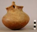 Small pottery vessel - double neck, zoomorphic handle, glaze?