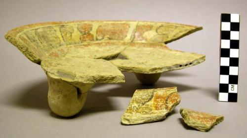 Fragmentary pottery tripod polychrome bowl