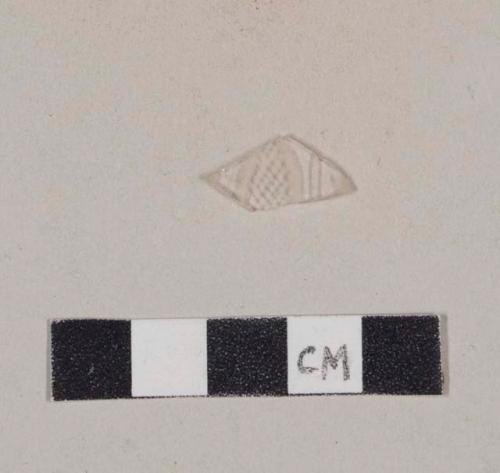 Colorless curved glass fragment, with etched designs; crossmends with etched rim fragments (987-22-10/105584)