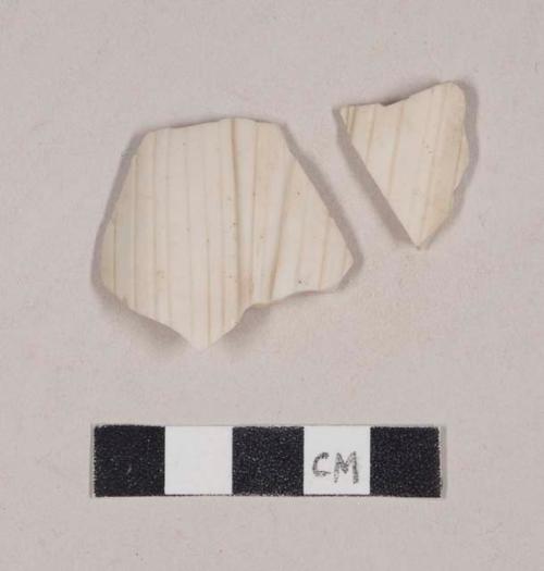 Molded bisque porcelain body sherds; glazed interior; two sherds crossmend