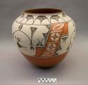 Polychrome-on-white olla:  bird, floral and geometric motif