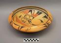 Polychrome-on-buff bowl: geometric and parrot motifs