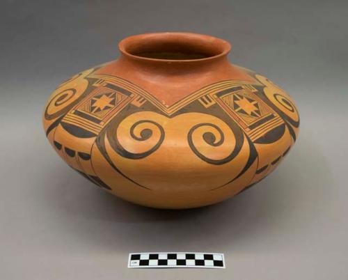 Polychrome-on-buff jar:  geometric and feather motif