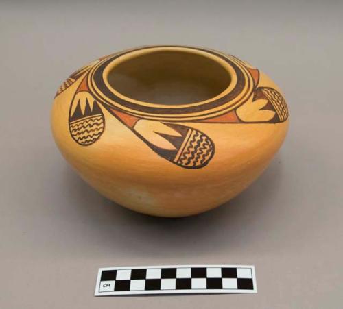 Polychrome-on-buff bowl: scrolling parrot motif