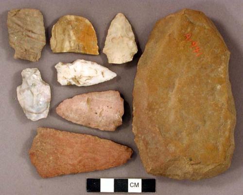 Chipped stone, ovate, stemmed, corner-notched, lanceolate, and bifurcated biface fragments