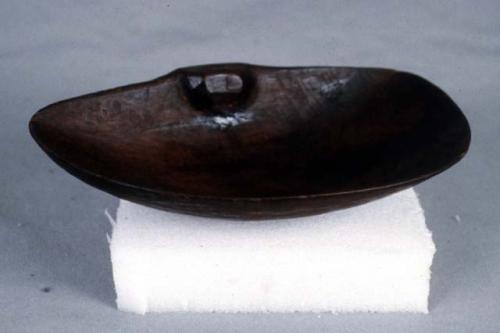 Grease skimmer. Clamshell design made of cottonwood; real clam at the end.