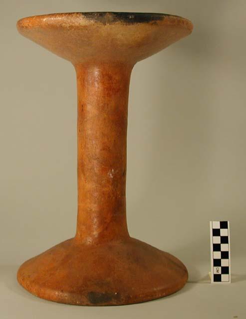 Ceramic, vessel, pedestal?, red glazed, fire-marked, mended and reconstructed.