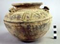 Rounded-bottom pottery vessel - incised decoration; 3 adornos on shoulder