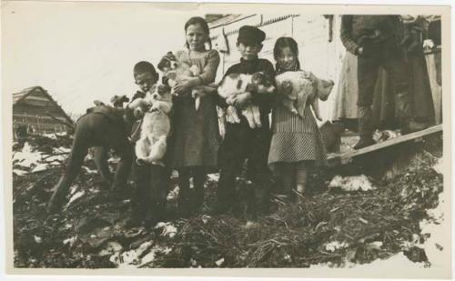 Arctic Voyage of Schooner Polar Bear - Children and puppies at Petropavlovsk