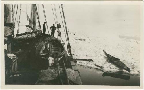Arctic Voyage of Schooner Polar Bear - Deck of schooner and beached canoe