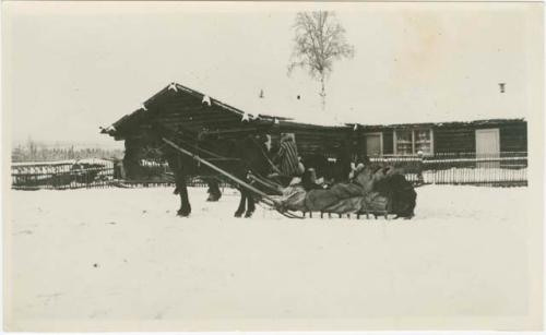 Arctic Voyage of Schooner Polar Bear - Horse drawn sleds outside log cabin