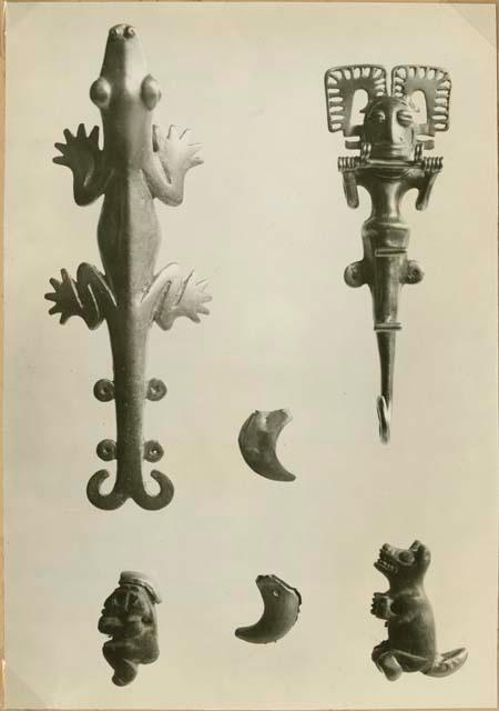 Gold and stone animal pendants, upper right "Tumbaga" pendant representing frog-headed crocodile