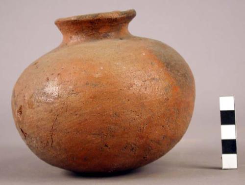 Small restored red pottery jar and 1 unrelated sherd