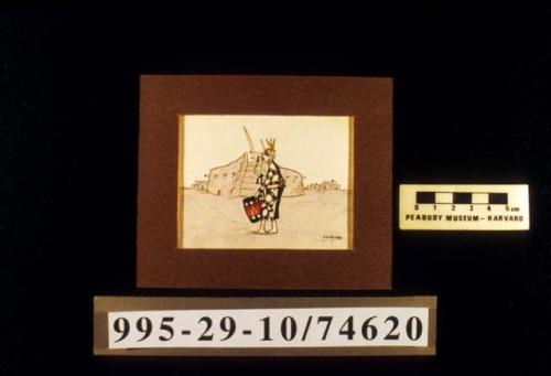 Miniature watercolor of Koshare clown dancer with drum