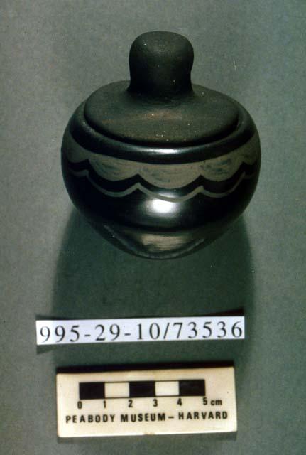 Black-on-black bowl (A) with lid (B)