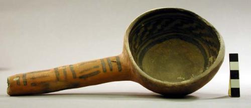 Ceramic ladle, brown-on-buff, geometric design, black-on-red decoration