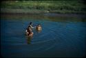 Four boys swimming in canal