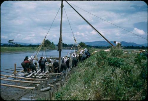 Group raising a pole along Omagari-Kitakami Canal