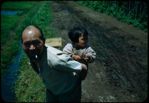 Man carrying child on his back, next to rice field