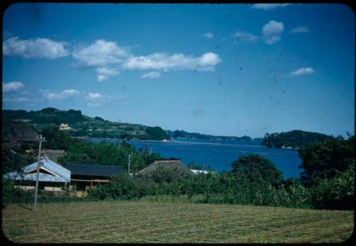 Field, with buildings and shoreline in background